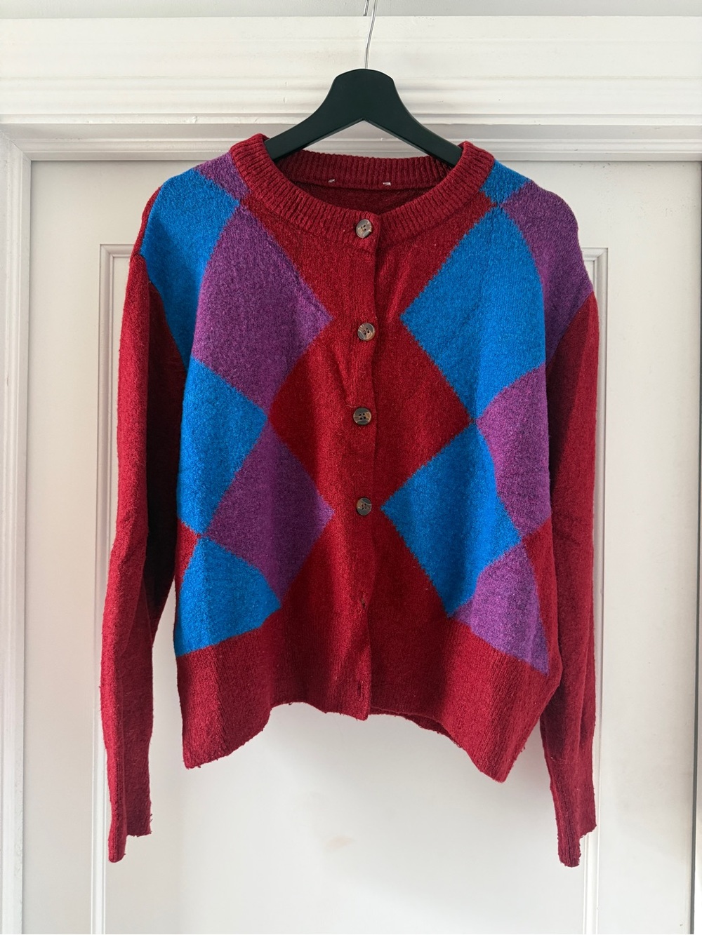 Women's Red Argyle Button Cardigan Sweater / Zara